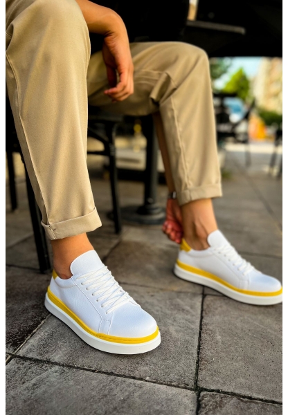 MirgeShoes Beyaz-Sarı Bağcıklı Erkek Santoni Spor Ayakkabı Rahat BYZ Taban MRG01063297
