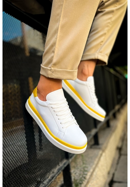 MirgeShoes Beyaz-Sarı Bağcıklı Erkek Santoni Spor Ayakkabı Rahat BYZ Taban MRG01063297