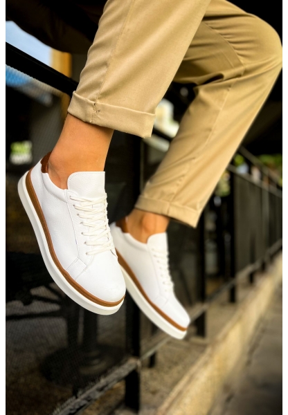 MirgeShoes Beyaz-Taba Bağcıklı Erkek Santoni Spor Ayakkabı Rahat BYZ Taban MRG01063297