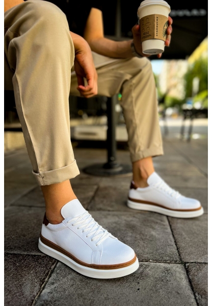 MirgeShoes Beyaz-Taba Bağcıklı Erkek Santoni Spor Ayakkabı Rahat BYZ Taban MRG01063297