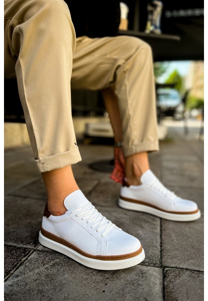 MirgeShoes Beyaz-Taba Bağcıklı Erkek Santoni Spor Ayakkabı Rahat BYZ Taban MRG01063297