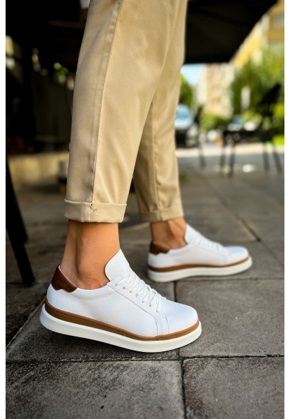 MirgeShoes Beyaz-Taba Bağcıklı Erkek Santoni Spor Ayakkabı Rahat BYZ Taban MRG01063297