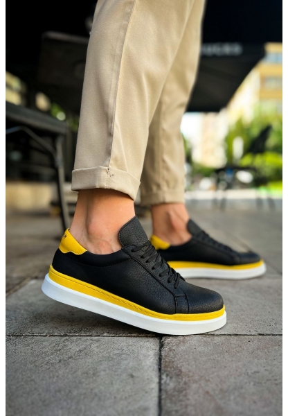 MirgeShoes Siyah-Sarı Bağcıklı Erkek Santoni Spor Ayakkabı Rahat BYZ Taban MRG01063297