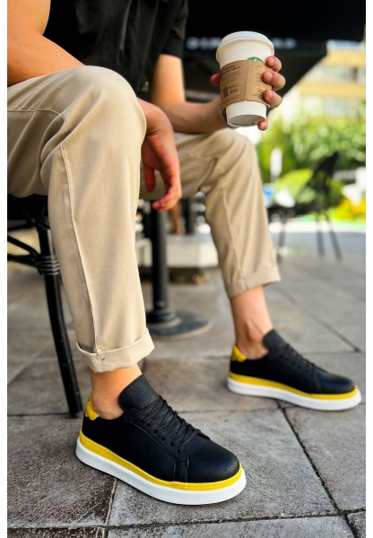 MirgeShoes Siyah-Sarı Bağcıklı Erkek Santoni Spor Ayakkabı Rahat BYZ Taban MRG01063297