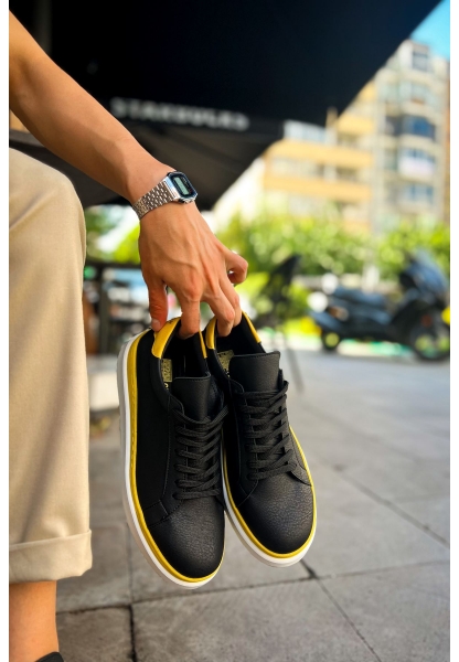MirgeShoes Siyah-Sarı Bağcıklı Erkek Santoni Spor Ayakkabı Rahat BYZ Taban MRG01063297