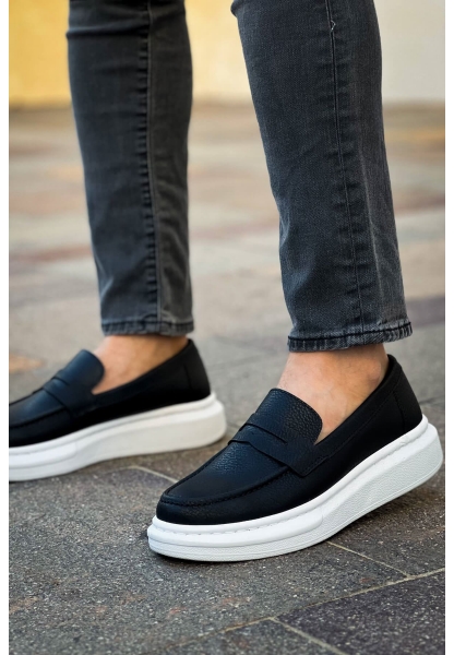 MirgeShoes Siyah Bağcıksız Erkek Klas Loafer Ayakkabı Kalın BYZ Taban MRG010602933